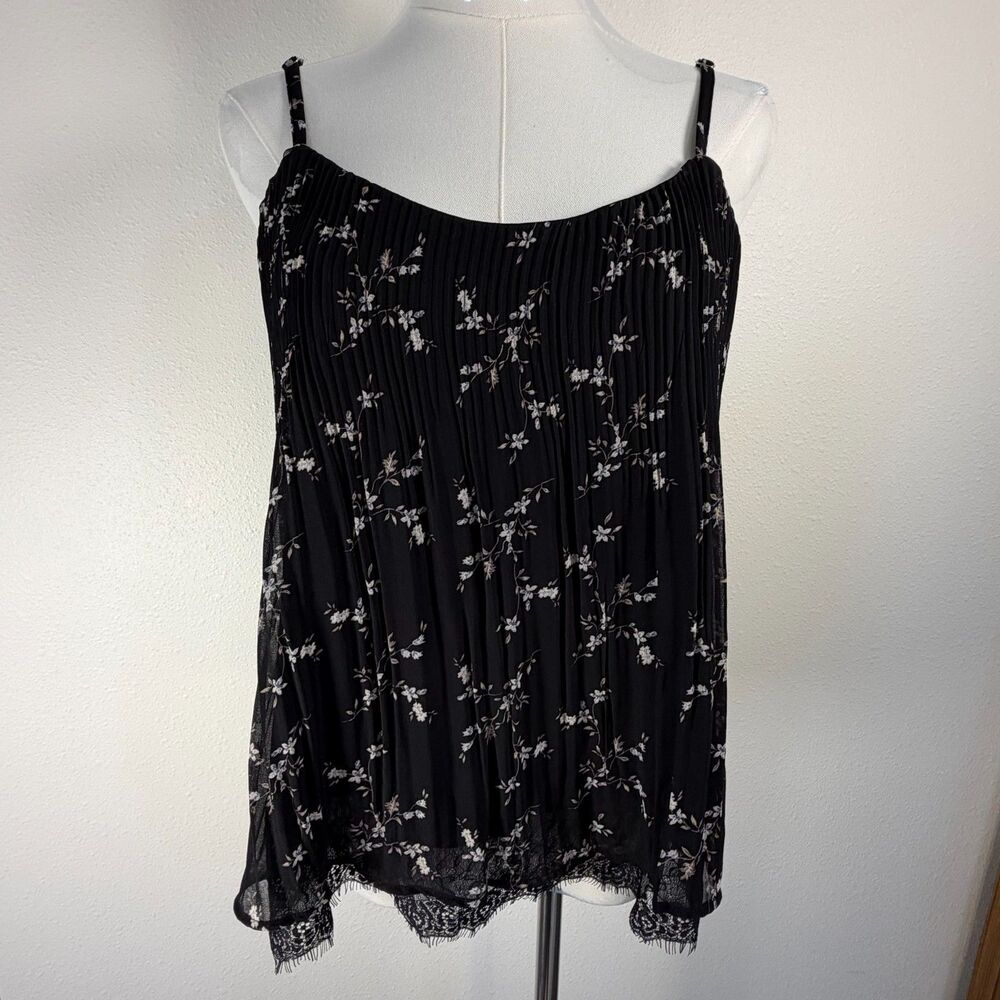 Ophelia Roe Camisole Tank Top Women Small Black Floral Pleated Lace Hem
